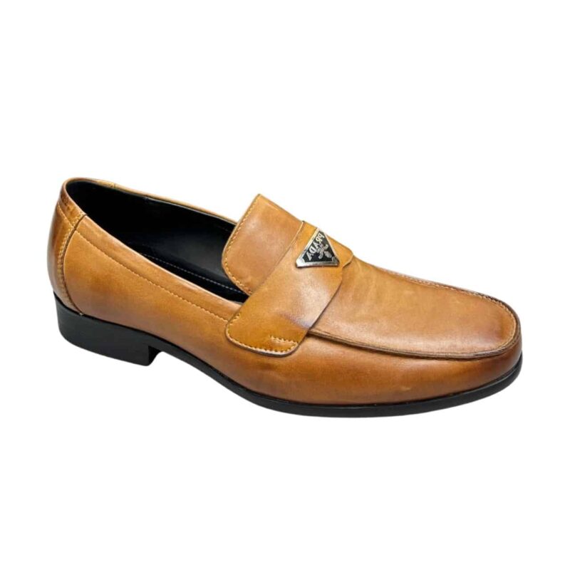 PRADA BRUSHED LEATHER LOAFERS TRIANGLE LOGO BROWN