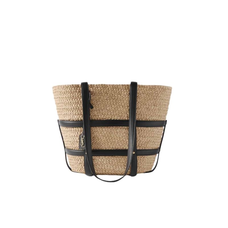 SAINT LAURENT MEDIUM PANIER HARNESS RAFFIA TOTE BEIGE 17CM