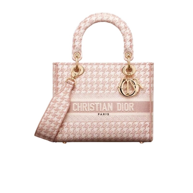 DIOR LADY D-LITE BAG HOUNDSTOOTH EMBROIDERY PINK 24CM