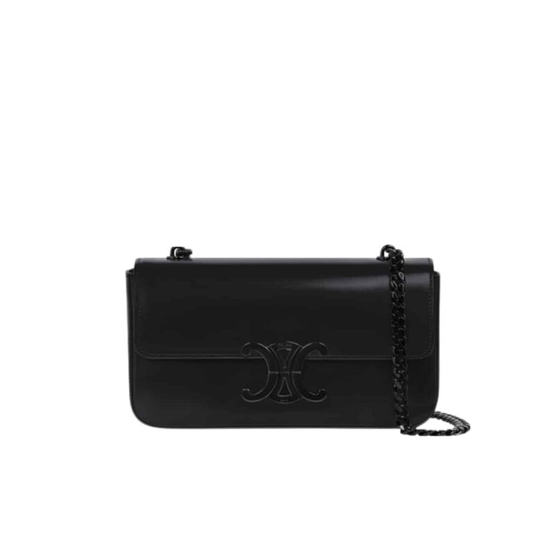 CELINE CHAIN TRIOMPHE IN SHINY SHOULDER BAG BLACK BLACK 20CM