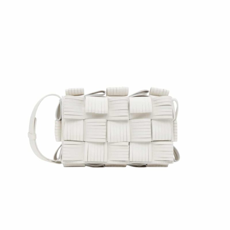 BOTTEGA VENETA FRINGE CASSETTE CROSSBODY BAG WHITE 22CM