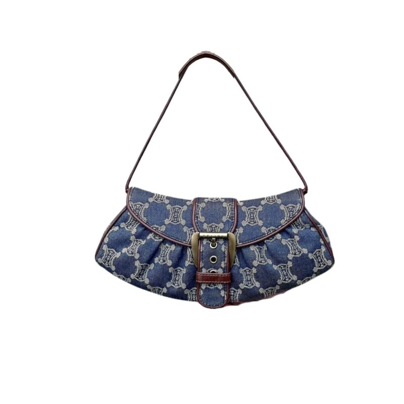 CELINE MACADAM DENIM LEATHER SHOULDER BAG GOLD HARDWARE BLUE 27CM