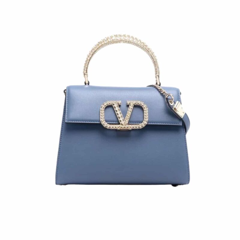 VALENTINO GARAVANI VSLING CRYSTAL EMBELLISHED LEATHER HANDBAG BLUE 18CM