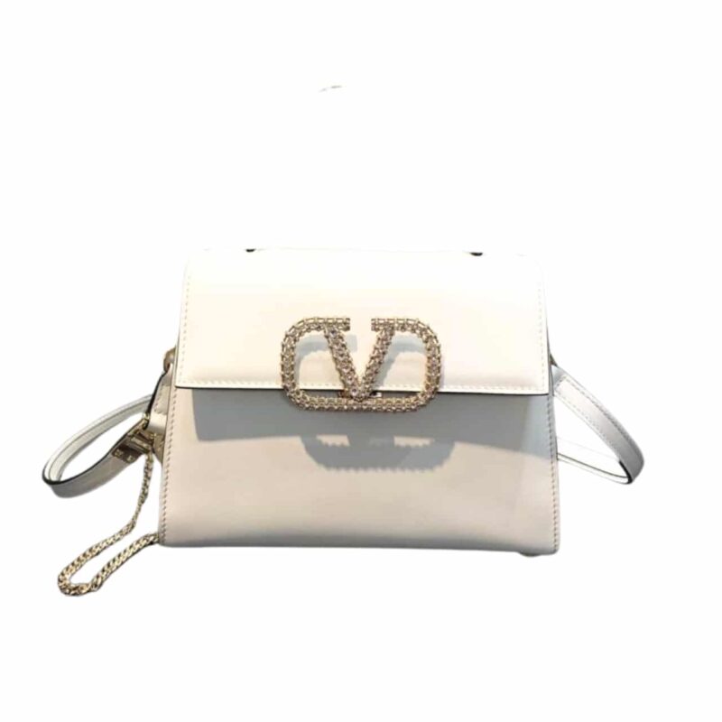VALENTINO GARAVANI VSLING CRYSTAL EMBELLISHED LEATHER HANDBAG WHITE 18CM