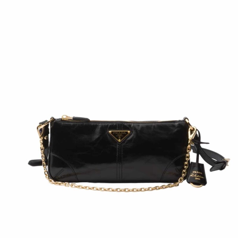 PRADA RE EDITION 2002 LEATHER SHOULDER BAG BLACK 23CM 1BC201 2CYR F0002 V OOO