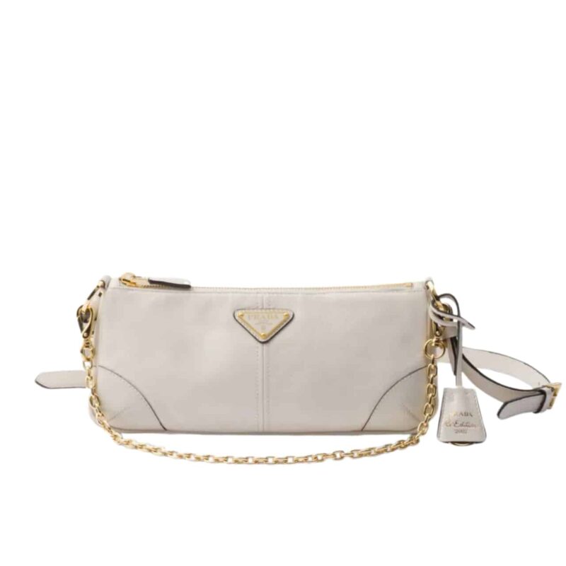 PRADA RE EDITION 2002 LEATHER SHOULDER BAG WHITE 23CM