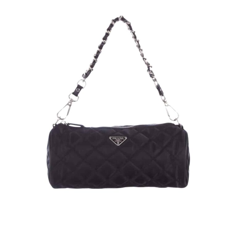 PRADA TESSUTO BLACK QUILTED BARREL BAG BLACK 20CM