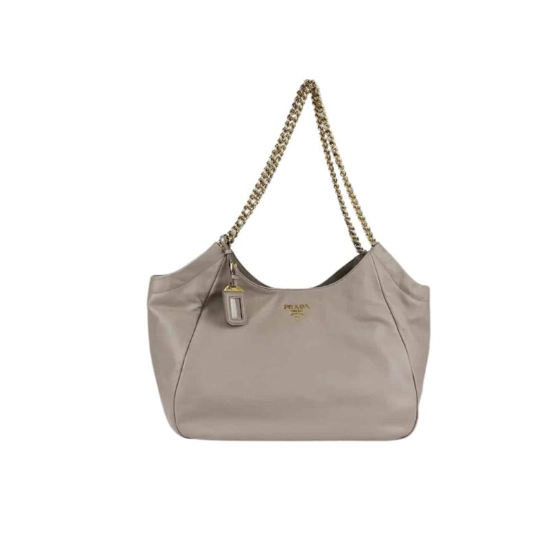 PRADA POMICE SOFT CALFSKIN LEATHER CHAIN TOTE BAG BEIGE 38CM