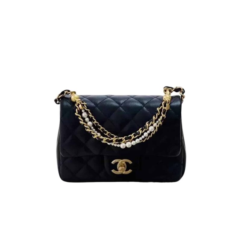 CHANEL FLAP BAG GOLD HARDWARE WITH CHAIN BLACK 17CM