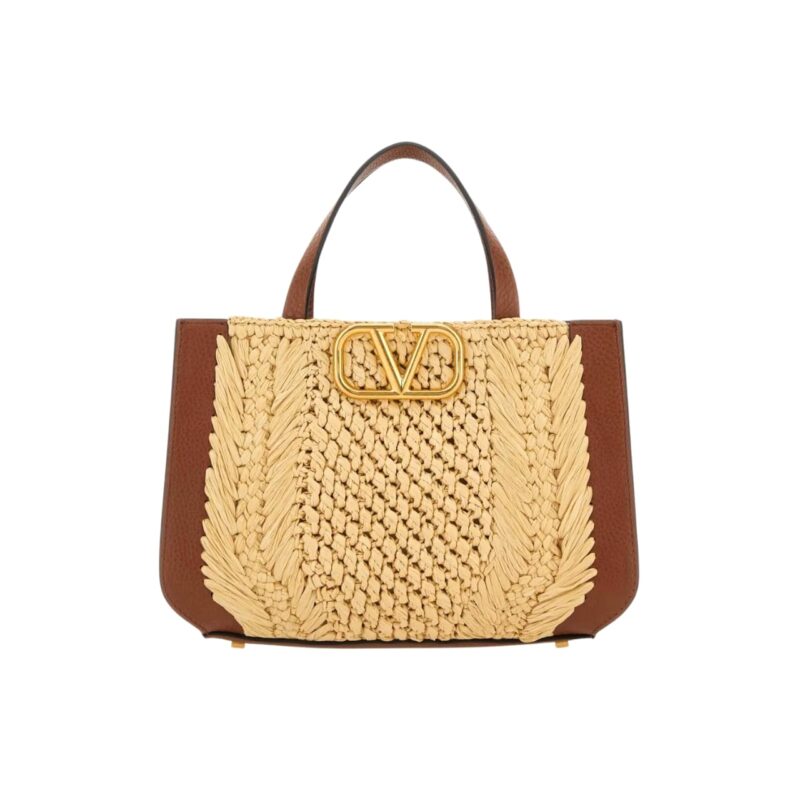 VALENTINO GARAVANI VLOGO SIGNATURE HANDBAG WITH RAFFIA EMBROIDERY 22CM