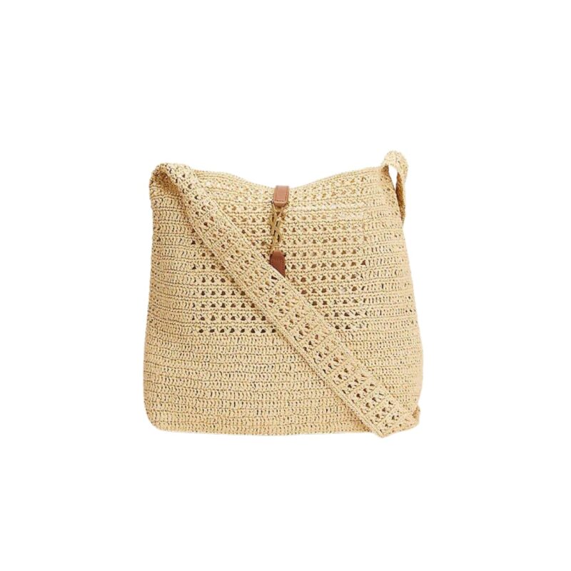 SAINT LAURENT LE 5 A 7 IN RAFFIA CROCHET AND SMOOTH LEATHER BEIGE 32CM 690941GAAAR2080