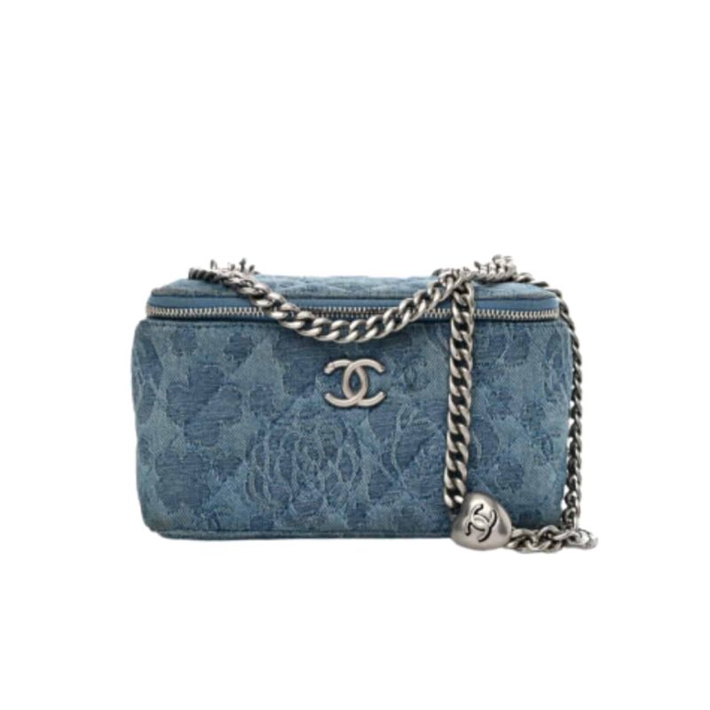CHANEL CAMELLIA DENIM VANITY BAG WITH HEART CHAIN LIGHT BLUE 18CM