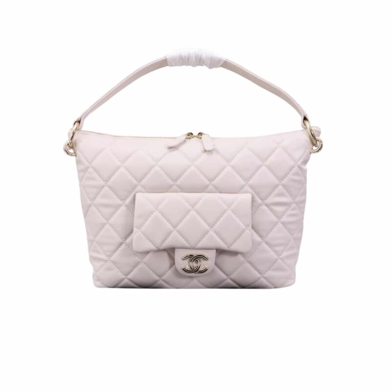 CHANEL MAXI HOBO BAG BLACK GOLD TONE METAL WHITE 28CM AS4339