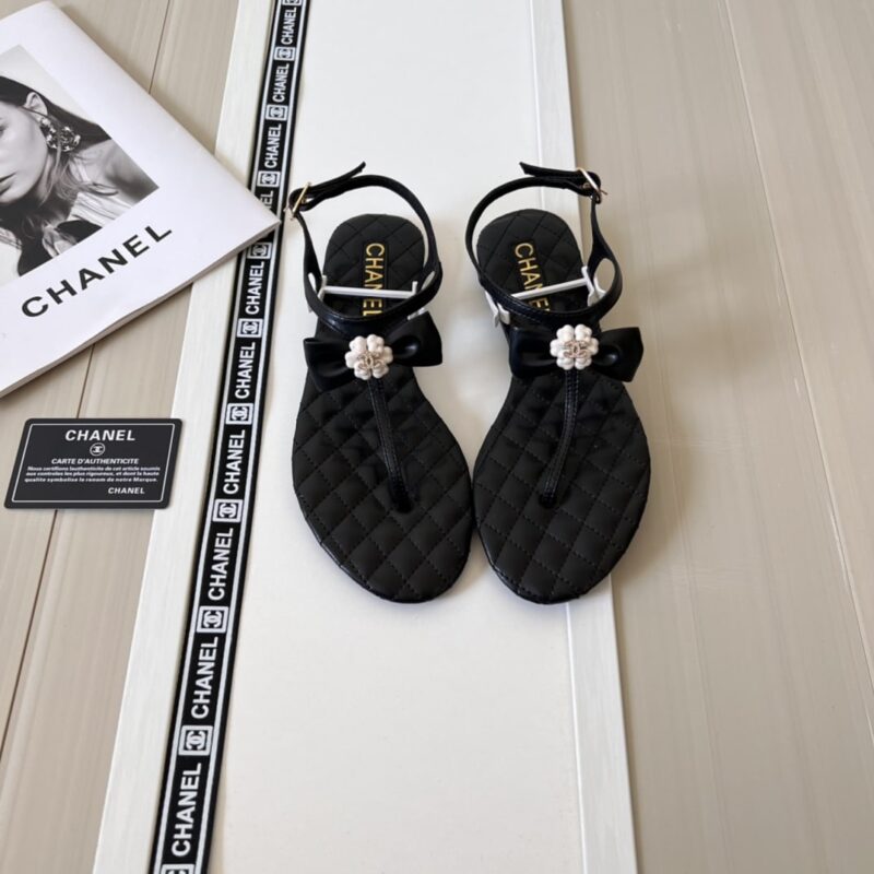 Alternative view of CHANEL BLACK QUILTED LEATHER WITH WHITE CAMELLIA CC LOGO SANDALS G45258 X01000 94305