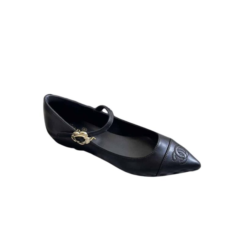 CHANEL POINTED TOE DOLL SHOES WITH GOLD FLOWER IN BLACK