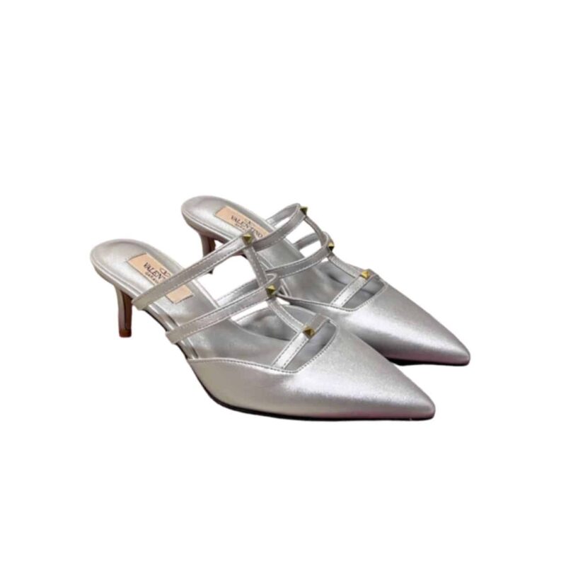 VALENTINO GARAVANI ROCKSTUD WISPY MULE IN SILVER