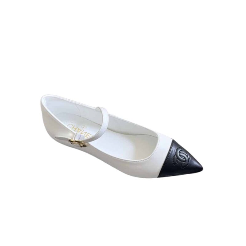CHANEL POINTED TOE DOLL SHOES WITH GOLD FLOWER IN WHITE