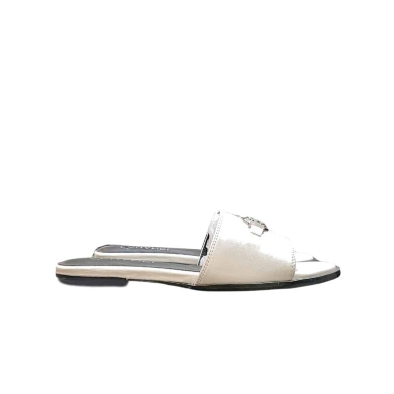 CHANEL SLIPPERS WITH CC SILVER HARDWARE WHITE