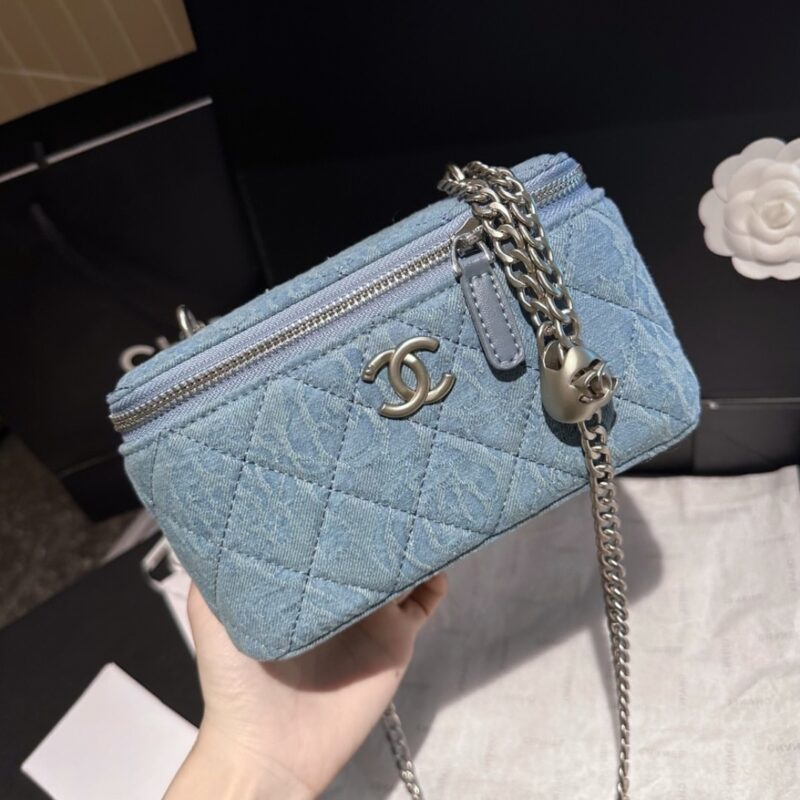 Alternative view of CHANEL CAMELLIA DENIM VANITY BAG WITH HEART CHAIN LIGHT BLUE 18CM