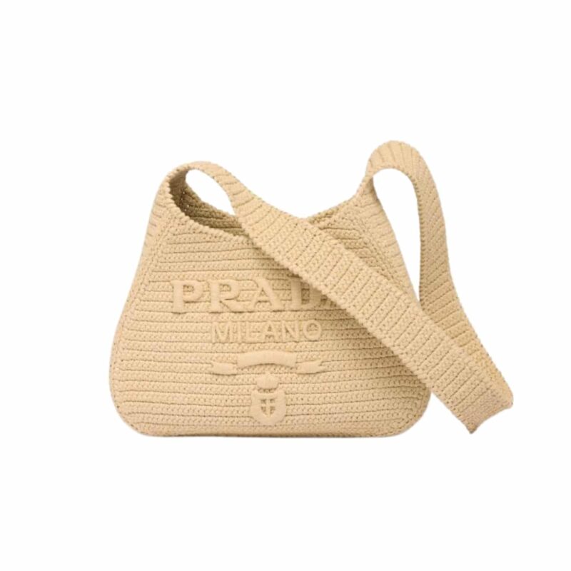 PRADA LOGO EMBOSSED RAFFIA SHOULDER BAG BEIGE 33CM 1BC186VOUO2A2T
