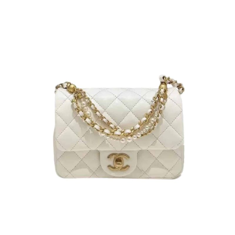 CHANEL FLAP BAG GOLD HARDWARE WITH CHAIN WHITE 17CM