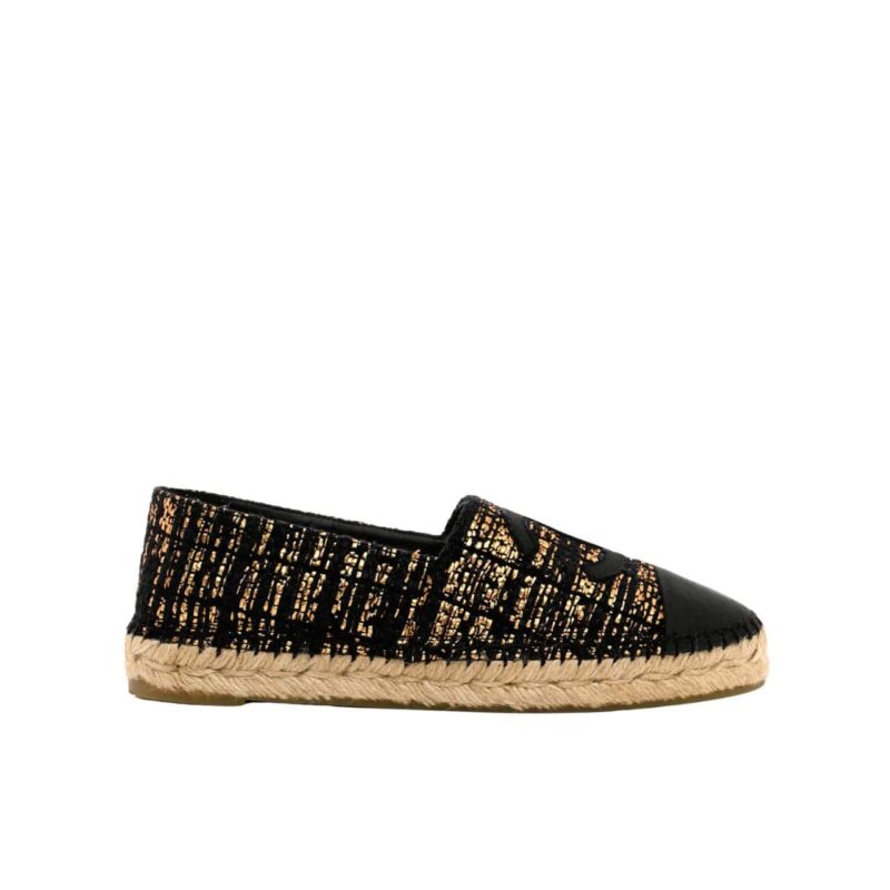 CHANEL METALLIC TWEED GROSGRAIN CC ESPADRILLES SLIP ON GOLD BLACK
