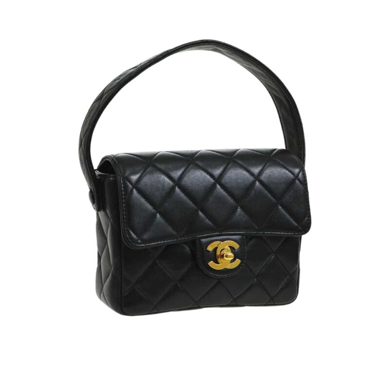 CHANEL LEATHER PARTY TOP HANDLE SATCHEL FLAP BAG BLACK 23CM