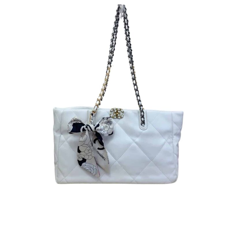 CHANEL QUILTED 19 EAST WEST SHOPPING BAG WHITE 41CM