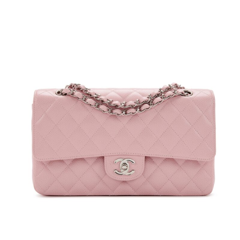 CHANEL MEDIUM CLASSIC FLAP BAG SILVER HARDWARE PINK 25CM