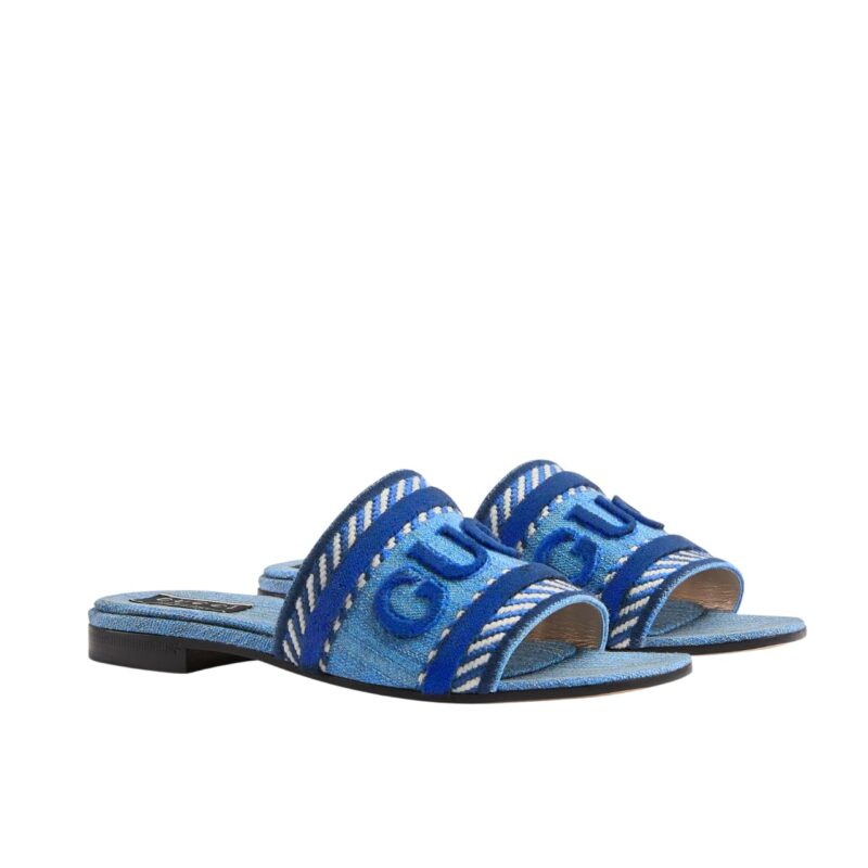 GUCCI WOMEN'S SLIDE SANDAL WITH GUCCI SCRIPT LIGHT BLUE DENIM 771589 FACK3 4609