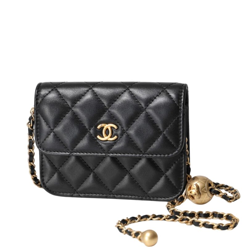 CHANEL CLUTCH WITH CHAIN PEARL CRUSH GOLD BLACK 15CM AP1628 B02916 94305