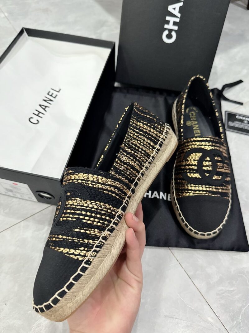 Alternative view of CHANEL METALLIC TWEED GROSGRAIN CC ESPADRILLES SLIP ON GOLD BLACK