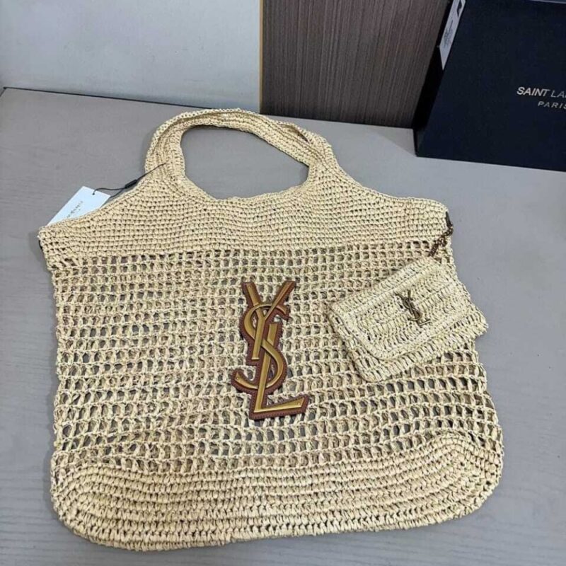 Alternative view of SAINT LAURENT RAFFIA ICARE TOTE BAG NATUREL AND BROWN GOLD 45CM 772191GAAEK2063