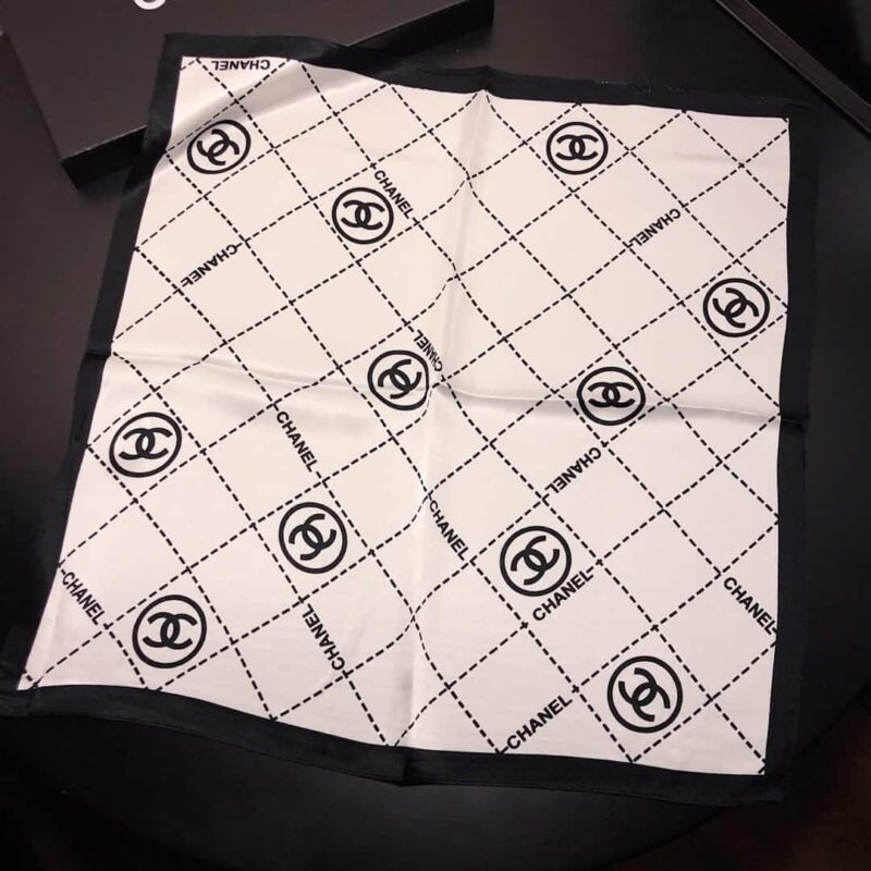 Alternative view of CHANEL CC LOGO SILK TWILL SQUARE SCARF BLACK WHITE