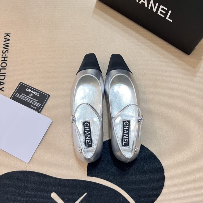 Alternative view of CHANEL SQUARE TOE BALLET FLATS BLACK SILVER