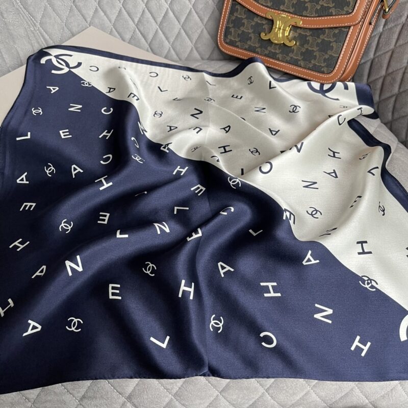 Alternative view of CHANEL MULTI LETTERS SQUARE SILK SCARF WHITE BLUE