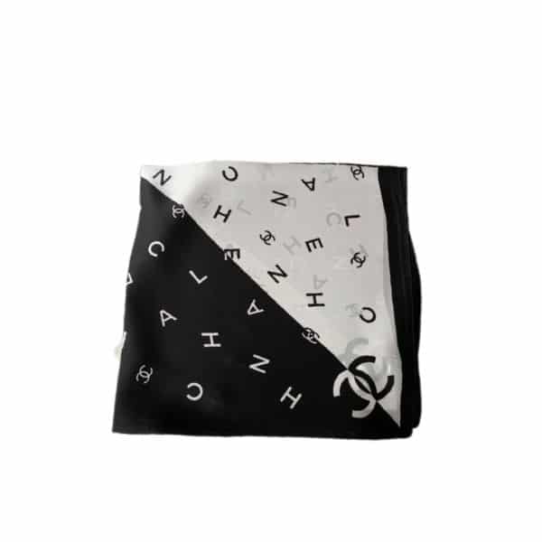 CHANEL MULTI LETTERS SQUARE SILK SCARF BLACK WHITE