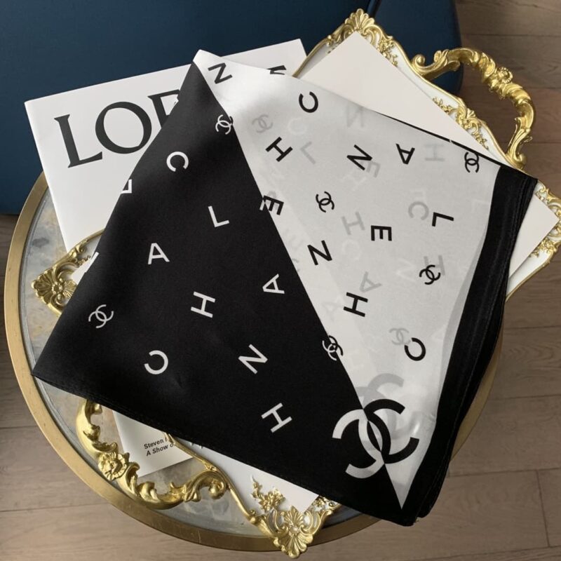 Alternative view of CHANEL MULTI LETTERS SQUARE SILK SCARF BLACK WHITE