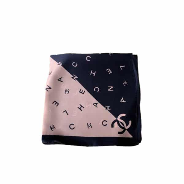 CHANEL MULTI LETTERS SQUARE SILK SCARF PINK BLUE