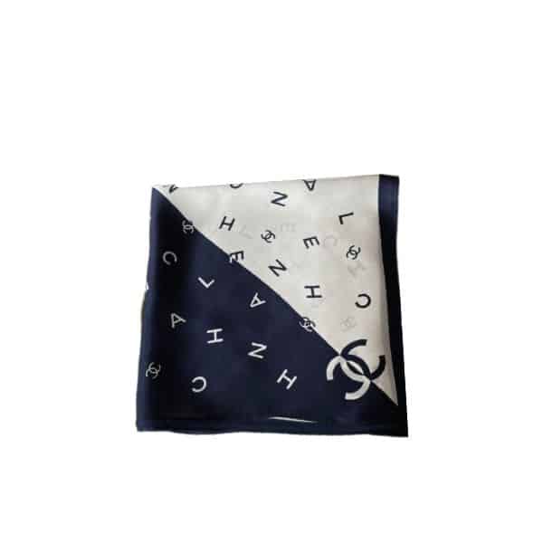 CHANEL MULTI LETTERS SQUARE SILK SCARF WHITE BLUE
