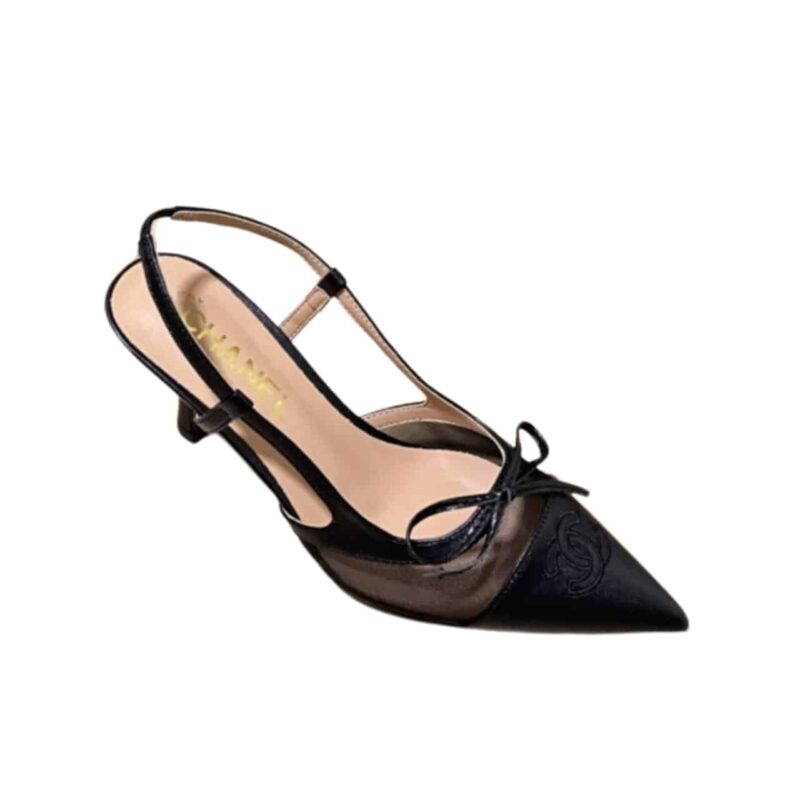 CHANEL CC TOE CAP BOW SLINGBACK PUMPS BLACK