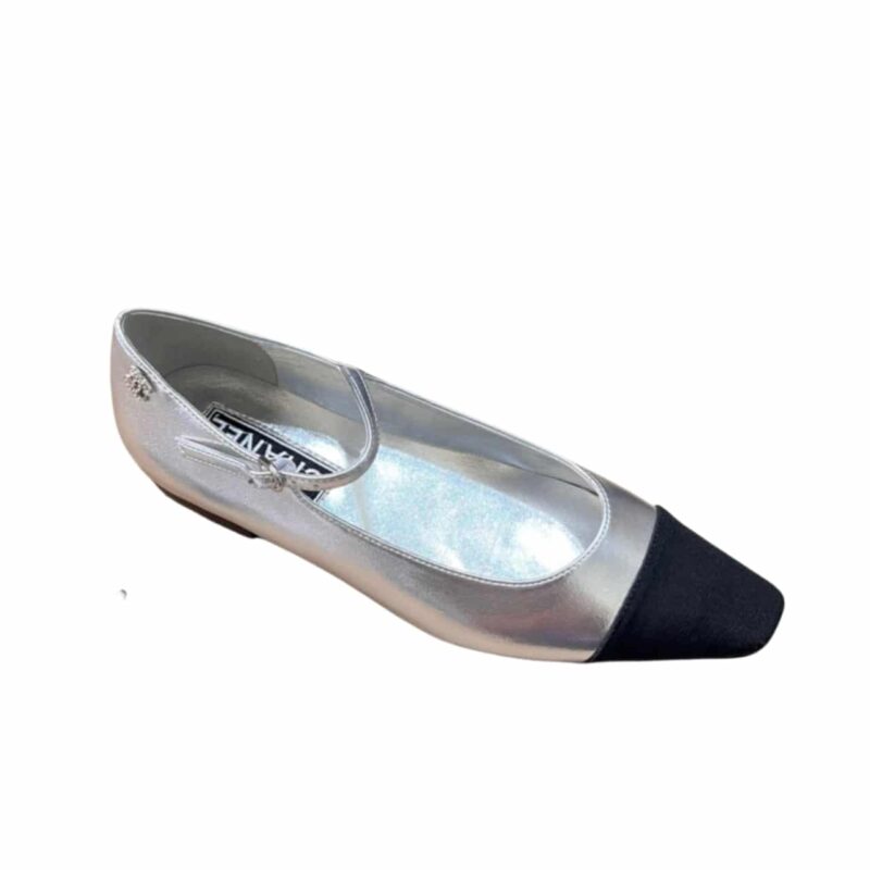 CHANEL SQUARE TOE BALLET FLATS BLACK SILVER