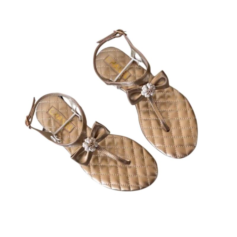 CHANEL GOLD QUILTED LEATHER WITH WHITE CAMELLIA CC LOGO BOW THONG SANDALS
