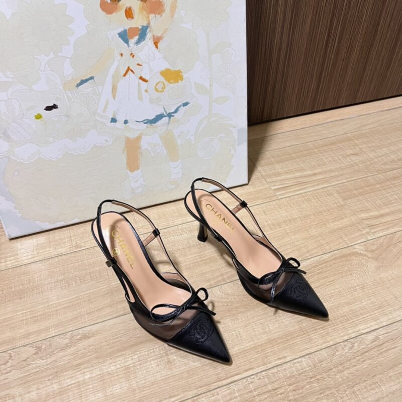 Alternative view of CHANEL CC LEATHER POINTY TOE PUMPS SLINGBACKS SANDALS BLACK