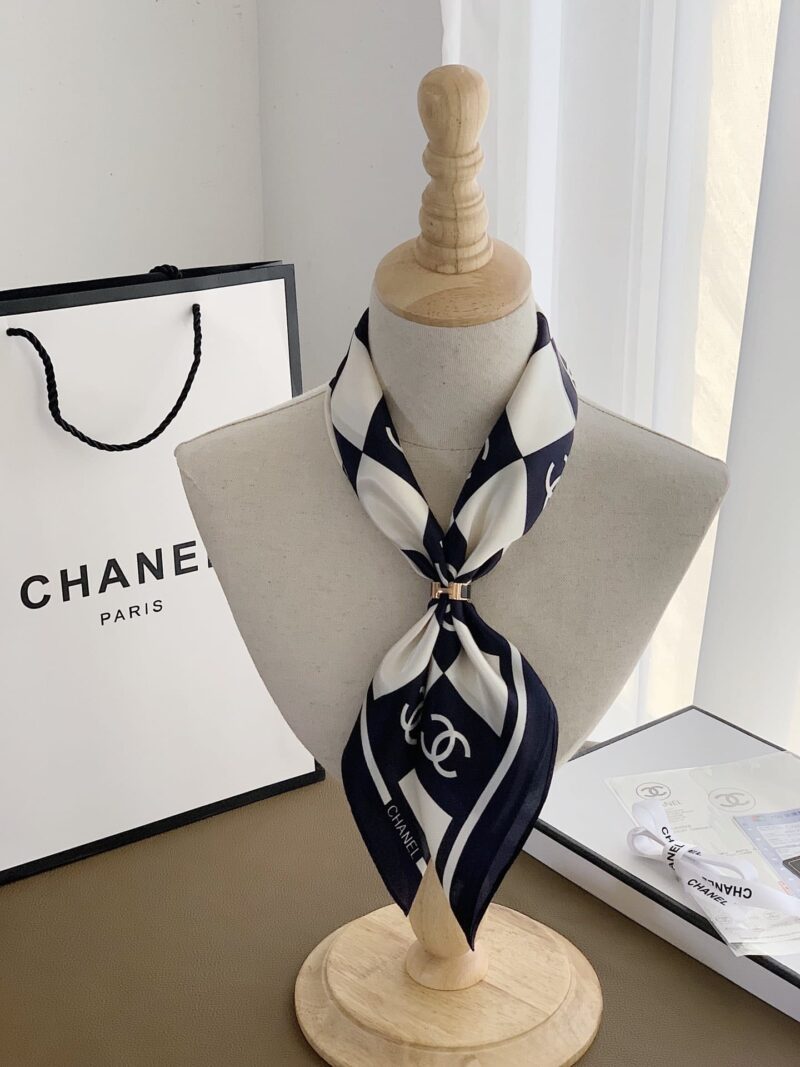 Alternative view of CHANEL SQUARE MOTIF CC LOGO SILK SCARF BLACK AND WHITE 70CM