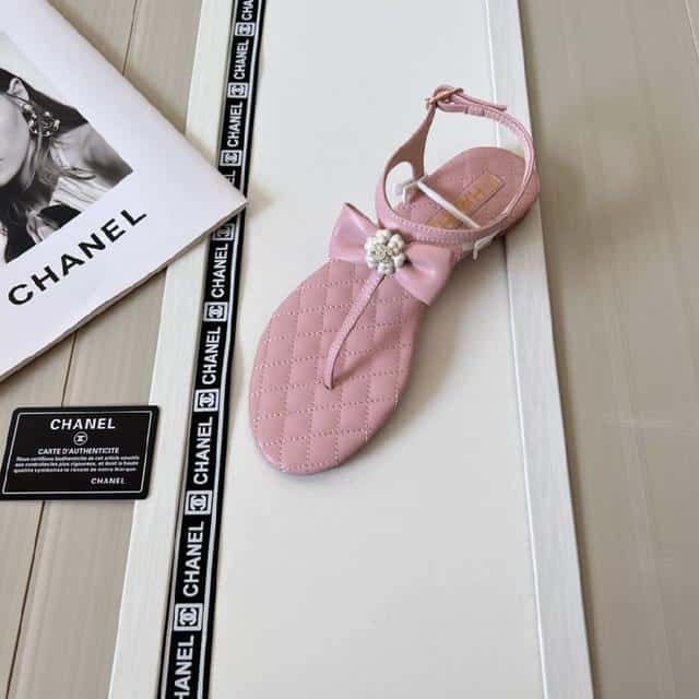 Alternative view of CHANEL PINK QUILTED LEATHER WITH WHITE CAMELLIA CC LOGO BOW THONG SANDALS
