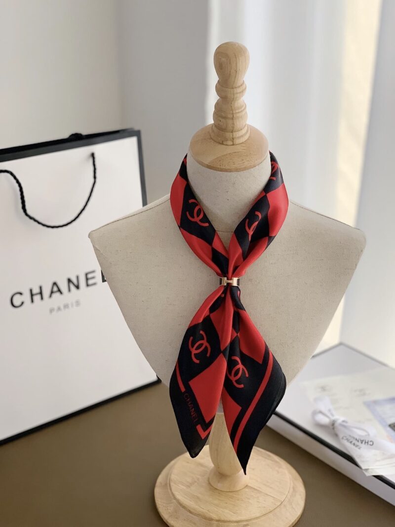 Alternative view of CHANEL SQUARE MOTIF CC LOGO SILK SCARF RED AND BLACK 70CM
