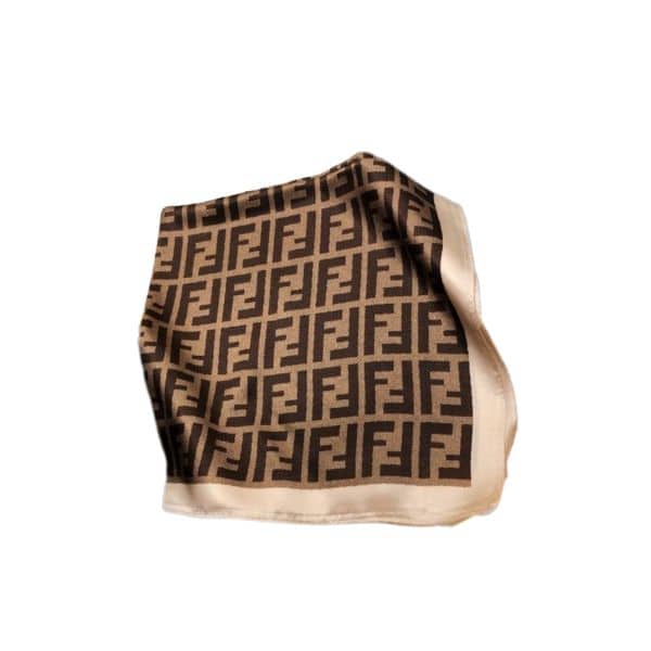 FENDI FF MOTIF SILK SQUARE SCARF BROWN BEIGE