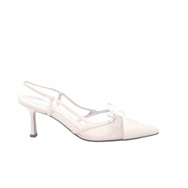 CHANEL CC LEATHER POINTY TOE PUMPS SLINGBACKS SANDALS WHITE