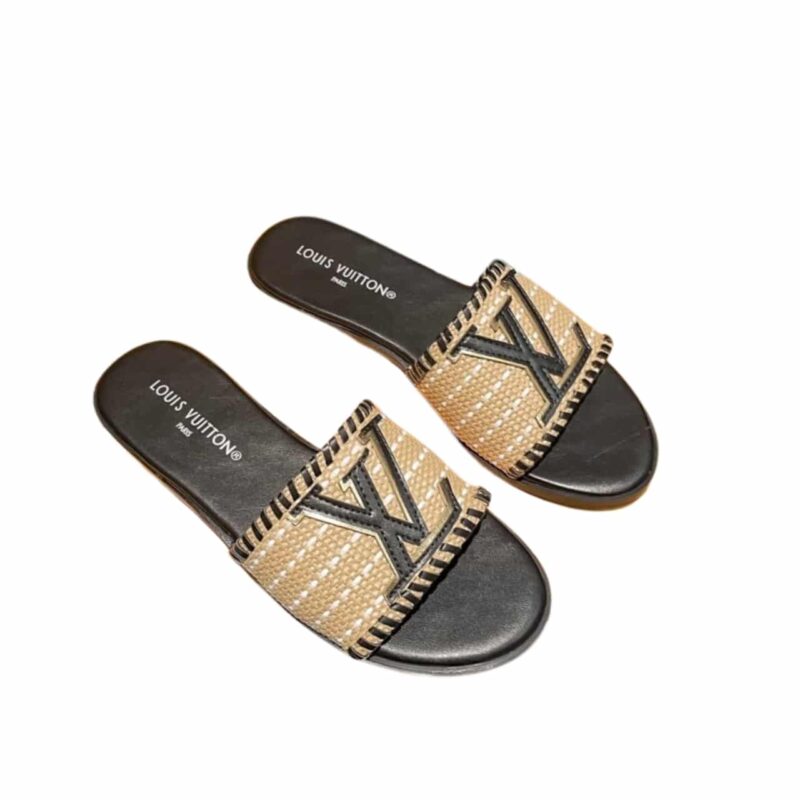 LOUIS VUITTON LOCK IT FLAT RAFFIA MULES BLACK